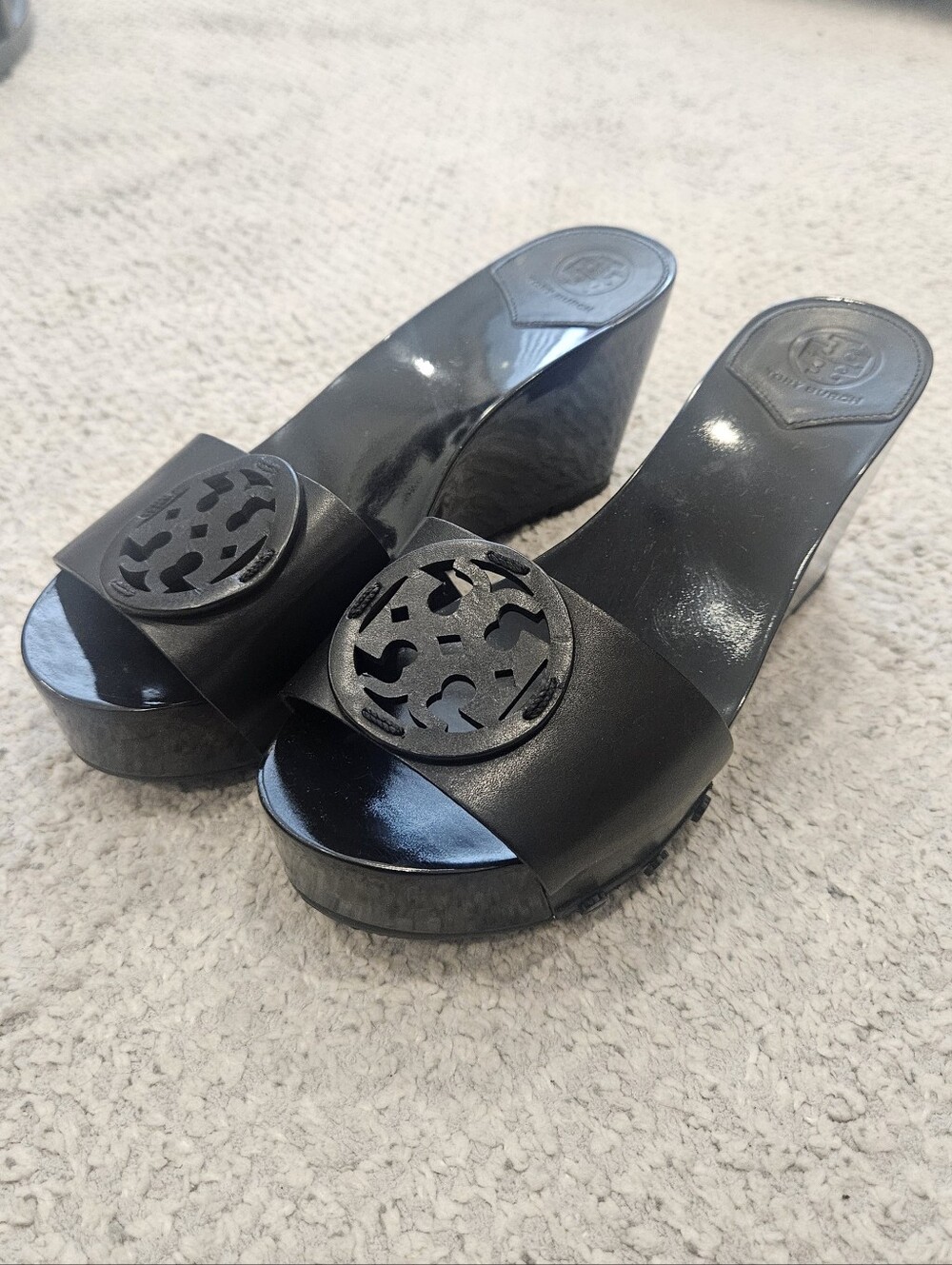 TORY BURCH Leather Slide Sandal Wedges Logo Front Size 7